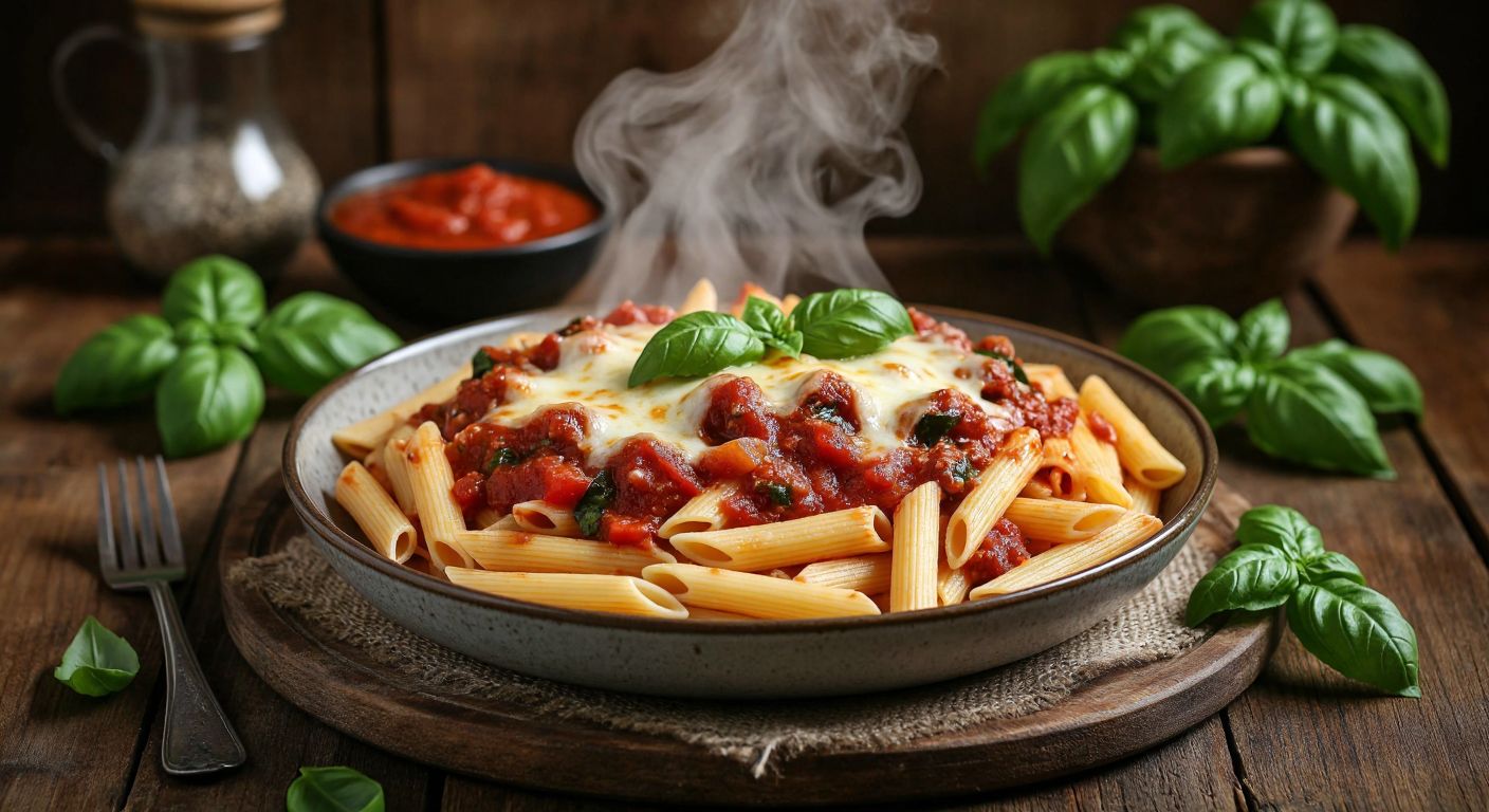 A steaming plate of penne pasta topped with rich tomato sauce and melted cheese, surrounded by fresh basil leaves and a rustic wooden table in a cozy Turkish kitchen.