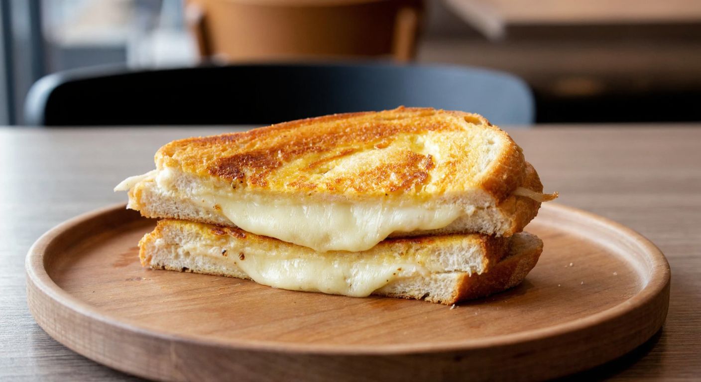 A golden-brown toasted sandwich with melted cheese oozing between thick slices of crusty bread, placed on a rustic wooden table in a cozy Turkish café.