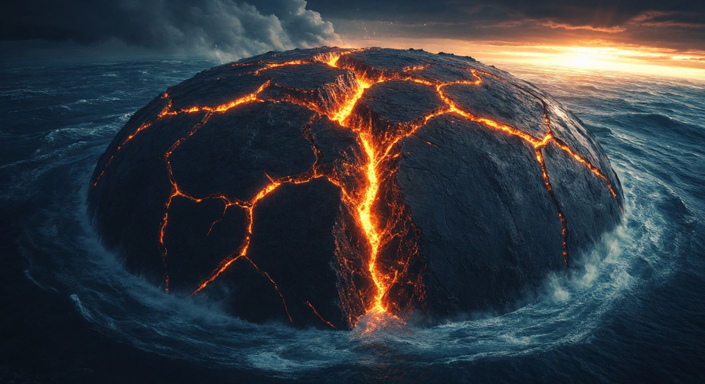 A massive, fractured supercontinent with glowing molten cracks beneath its surface, slowly splitting apart as tectonic plates drift in different directions, surrounded by swirling ocean currents.