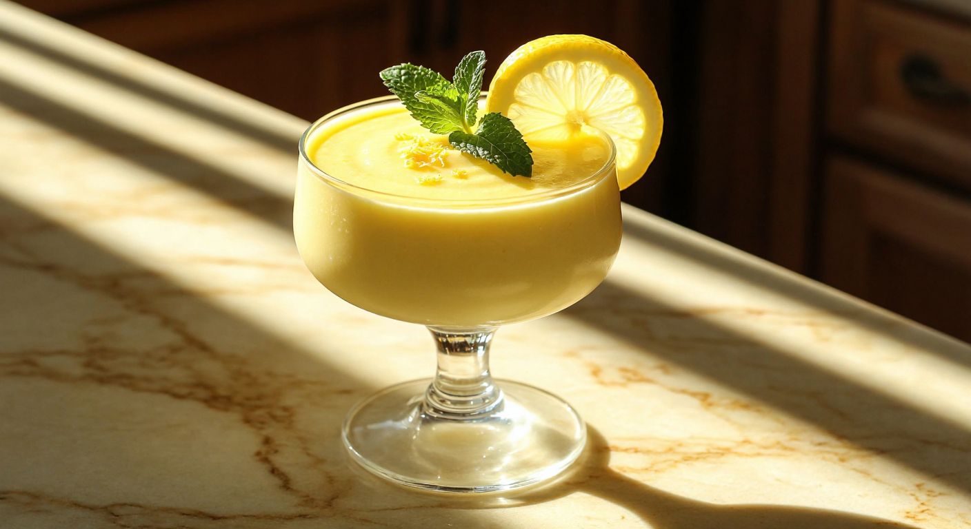 A smooth, silky lemon parfait in a glass dessert cup, garnished with a thin slice of fresh lemon and a sprig of mint, resting on a sunlit marble countertop in a Turkish kitchen.