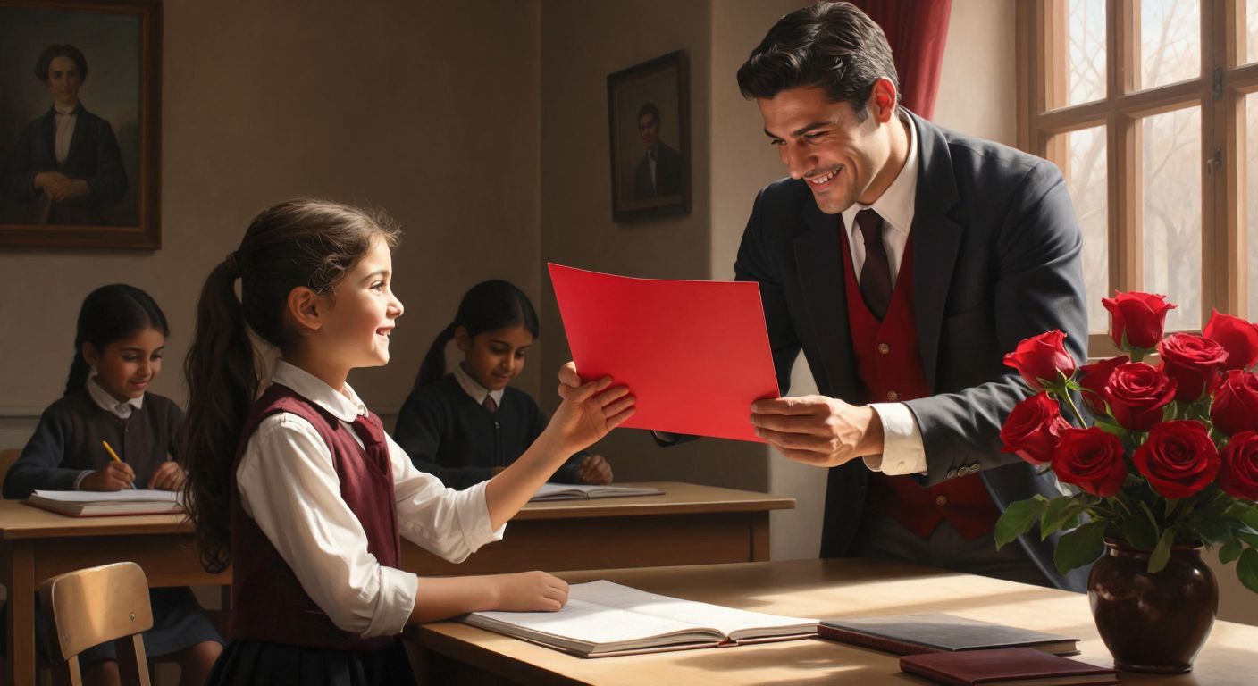 A smiling Turkish teacher in a classroom gently handing a bright red report card to a proud young student, with a vase of fresh Kenya roses on the desk symbolizing enduring success.