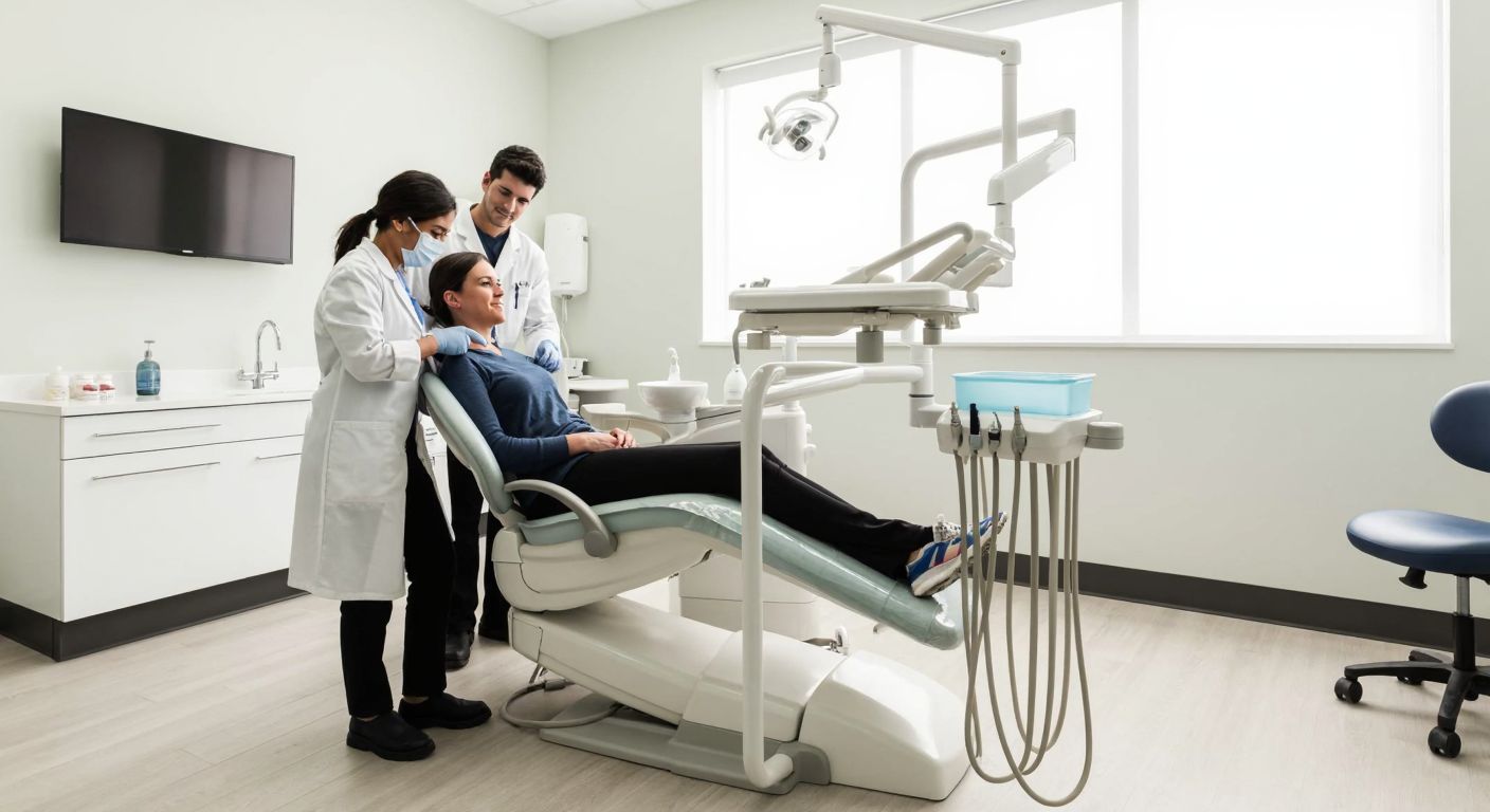 A well-maintained, modern dental chair in a bright, clean clinic, with a dentist in a white coat adjusting its settings while a patient sits comfortably, surrounded by neatly organized dental tools.
