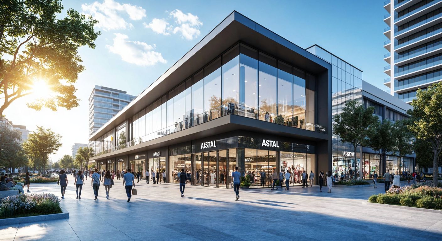 A modern shopping mall with a sleek glass facade, bustling with shoppers, set against a sunny urban backdrop in Turkey, with a discreet corporate logo of Astaş Holding near the entrance.