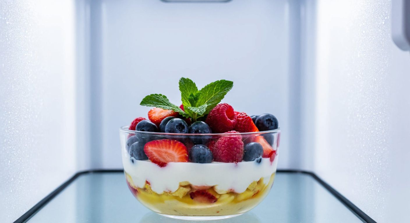 A colorful glass bowl filled with layers of creamy fruit parfait topped with fresh berries and mint leaves, sitting inside a frosty freezer with condensation forming on its sides.