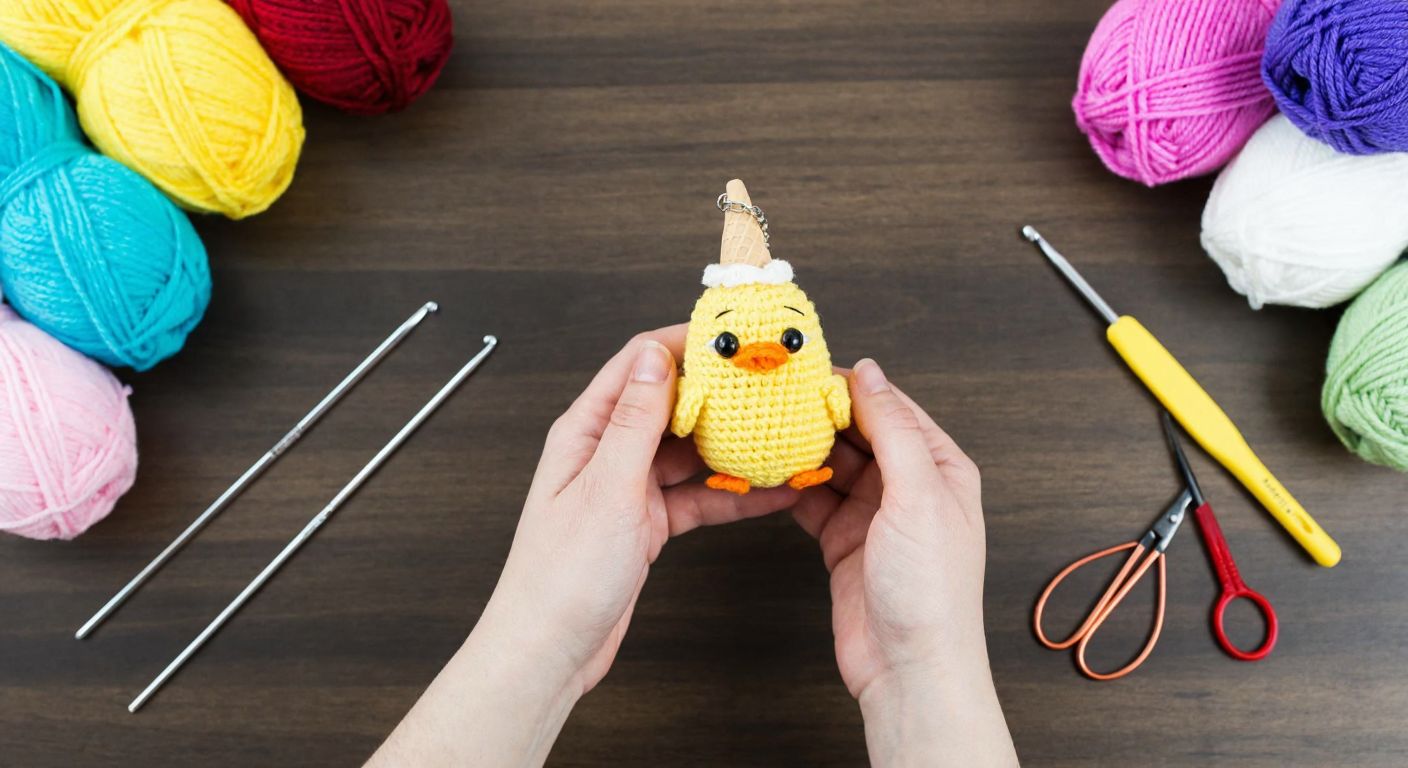 A pair of hands carefully crocheting a small, fluffy yellow chick keychain with a tiny ice cream cone hat, surrounded by colorful yarn balls, a crochet hook, and scattered crafting tools on a wooden table.