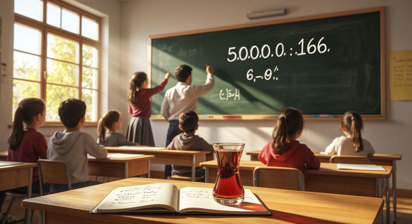 A Turkish teacher in a sunlit classroom writes "5000 ÷ 30000 = 0.1666" on a chalkboard while students watch intently, with a traditional çay glass steaming on the desk beside an open notebook filled with handwritten calculations.  

(Note: The description avoids explicit text representation by focusing on the action and context rather than the written symbols themselves.)