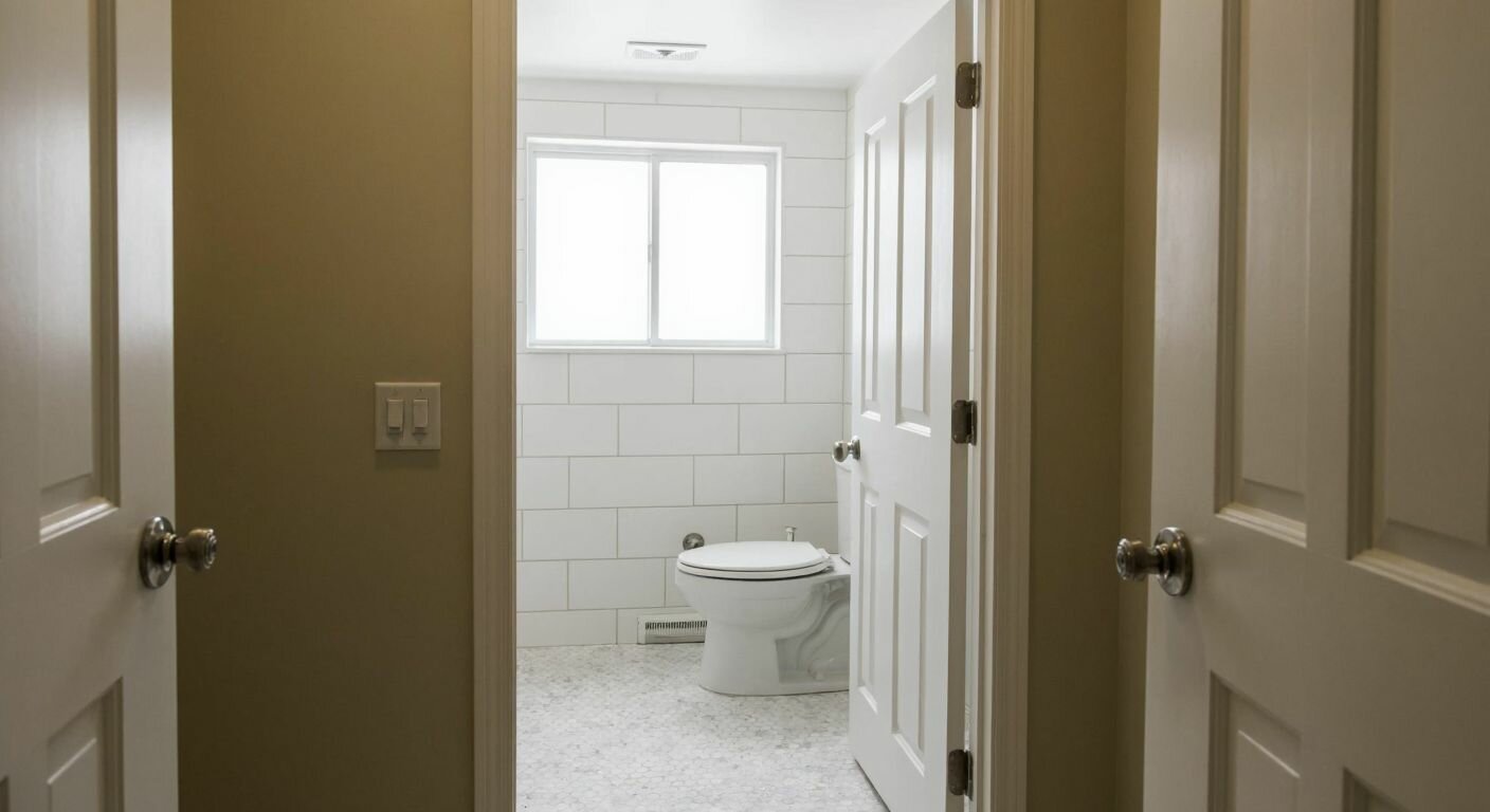 A white bathroom door slightly ajar, opening inward into a clean, tiled restroom with a porcelain toilet visible inside.