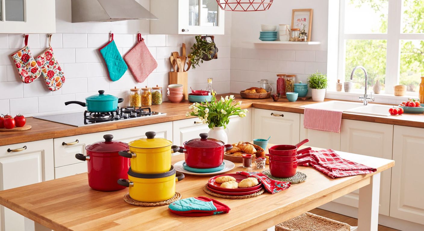 A brightly lit Turkish kitchen with a wooden table displaying colorful LCW Home kitchenware, including pots, pans, aprons, and oven mitts, evoking a sense of warmth and practicality.