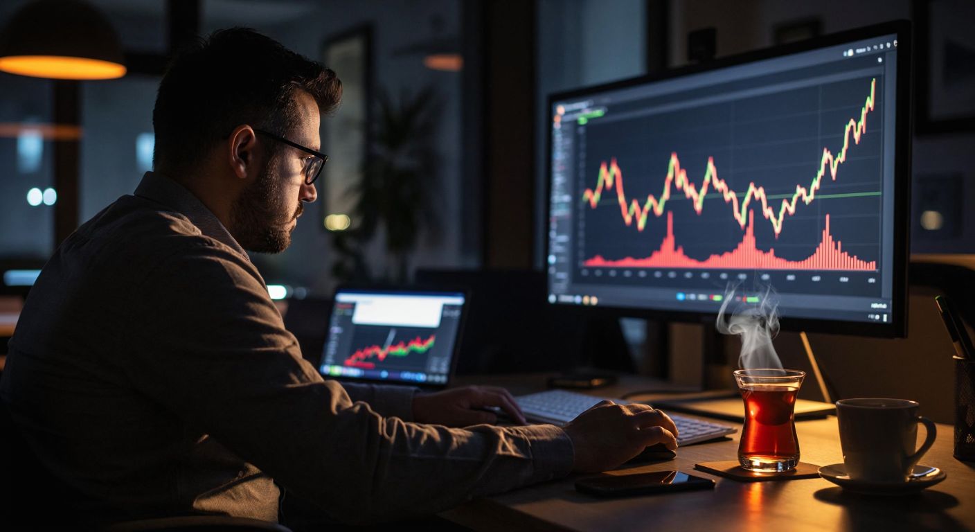 A lone trader in a dimly lit room intensely studies a jagged mountain-like stock chart on a large monitor, with a steaming cup of Turkish tea beside the keyboard.