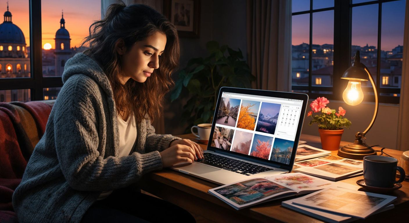 A Turkish woman in a cozy home setting, browsing colorful calendar images on a laptop screen surrounded by printed calendar pages scattered on a wooden table.