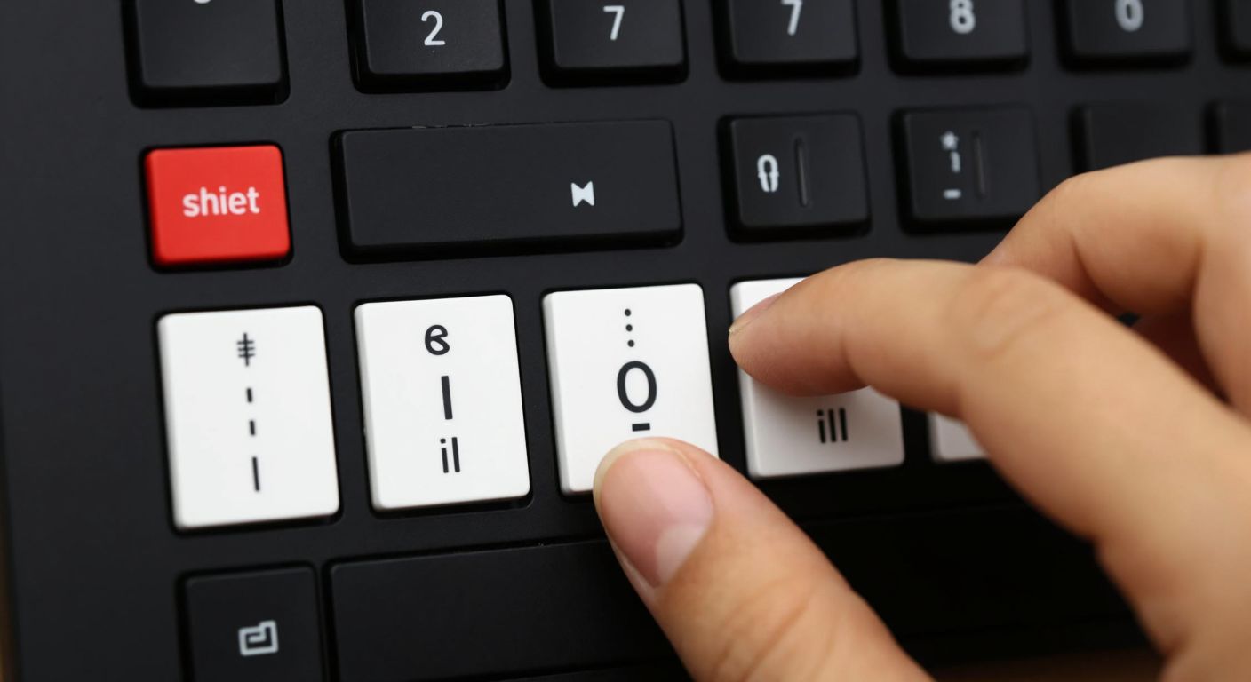 A close-up of a person's fingers pressing the "Shift" key and the "0" key simultaneously on a Turkish Q-keyboard, with a focused expression.