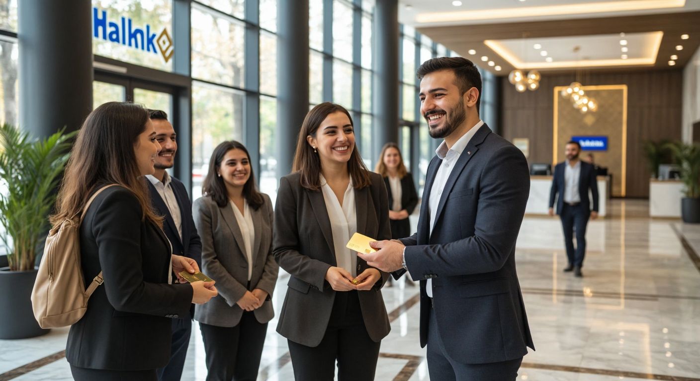 A smiling Turkish bank employee in a professional suit hands a golden credit card to a diverse group of happy customers inside a modern Halkbank branch with marble floors and large windows.