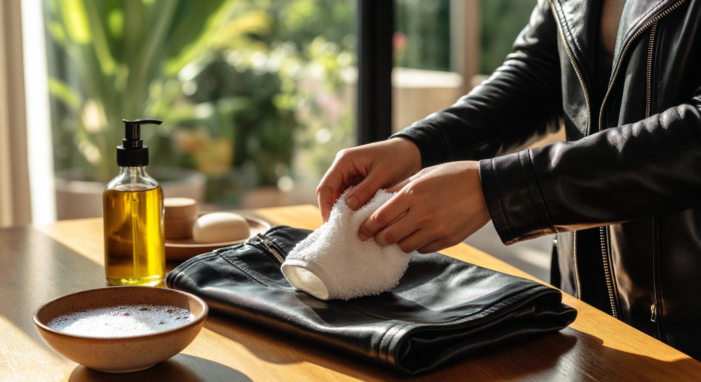 A close-up of a Turkish woman carefully wiping a sleek black leather jacket with a soft white cloth, surrounded by a small bowl of warm soapy water and a bottle of olive oil on a wooden table in a sunlit room.