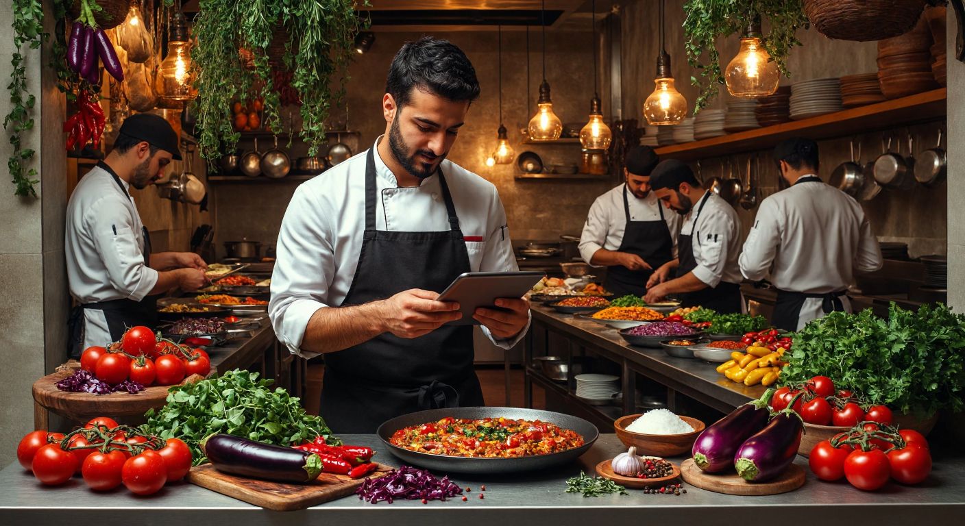 A busy Turkish restaurant kitchen with chefs preparing colorful dishes, while a manager checks a tablet with a hopeful expression, surrounded by fresh ingredients like tomatoes, eggplants, and spices.