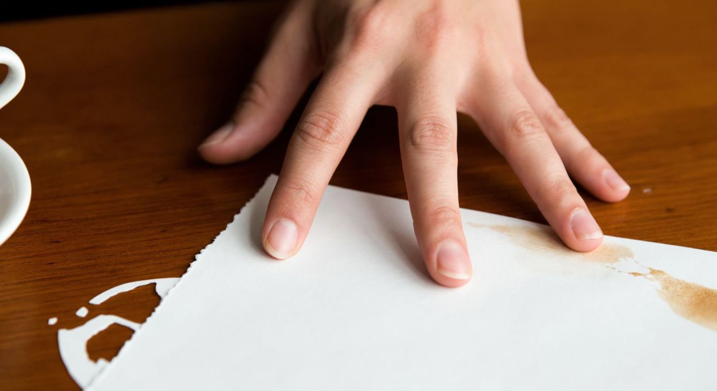 A close-up of a person’s fingers gripping a sheet of paper with serrated edges, resting on a wooden table with Turkish coffee stains nearby.