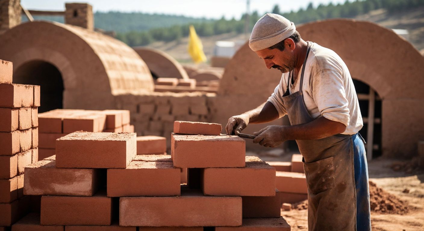 A stack of sturdy red clay bricks under the warm Turkish sun, with a worker in a dusty apron inspecting their quality near a traditional brick kiln.