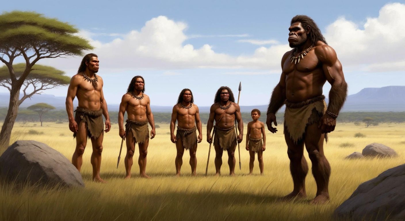 A group of Homo erectus individuals standing in a grassy savanna, with varying heights between 1.46 and 1.85 meters, their muscular builds and stone tools reflecting their hunter-gatherer lifestyle.