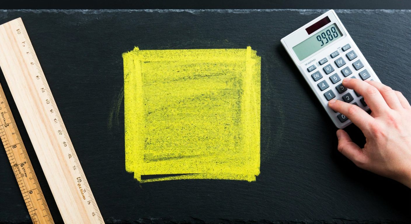 A bright yellow square drawn with chalk on a dark slate, with a wooden ruler measuring its sides and a hand holding a calculator nearby.