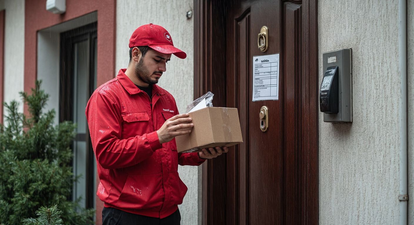 A frustrated delivery courier in a red uniform stands outside a locked apartment building in Istanbul, holding an unopened package while looking at a rain-soaked, incomplete address slip.