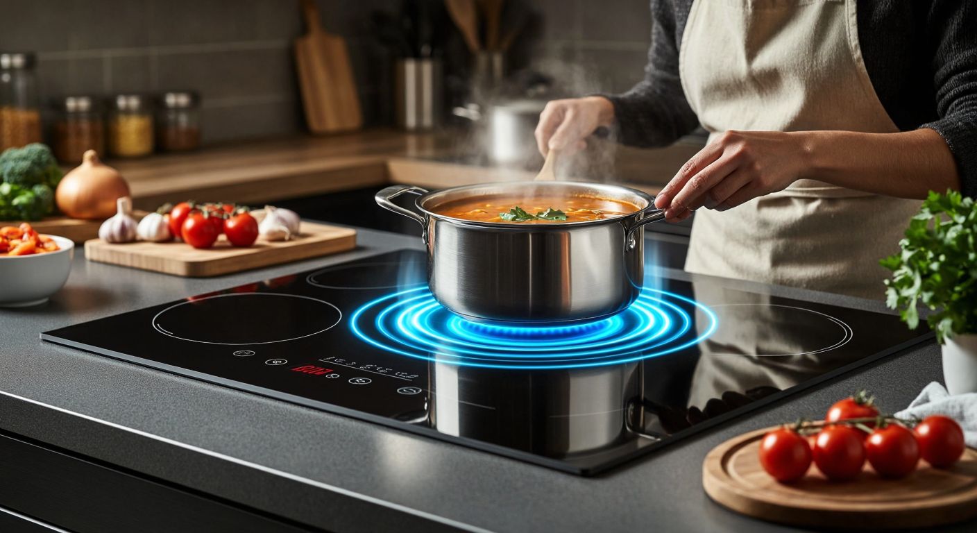 A sleek, modern induction cooktop in a Turkish kitchen, with a bubbling pot of çorba (soup) on top, glowing blue magnetic coils beneath, and a smiling chef in an apron wiping the spotless surface with a cloth.