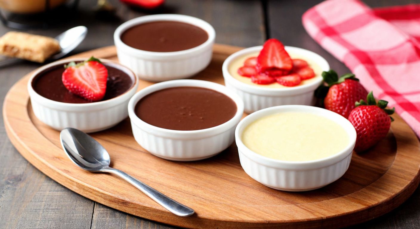 A warm Turkish kitchen with a wooden table displaying small bowls of creamy chocolate, strawberry, and vanilla puddings, garnished with fresh fruit and a spoon resting beside them.