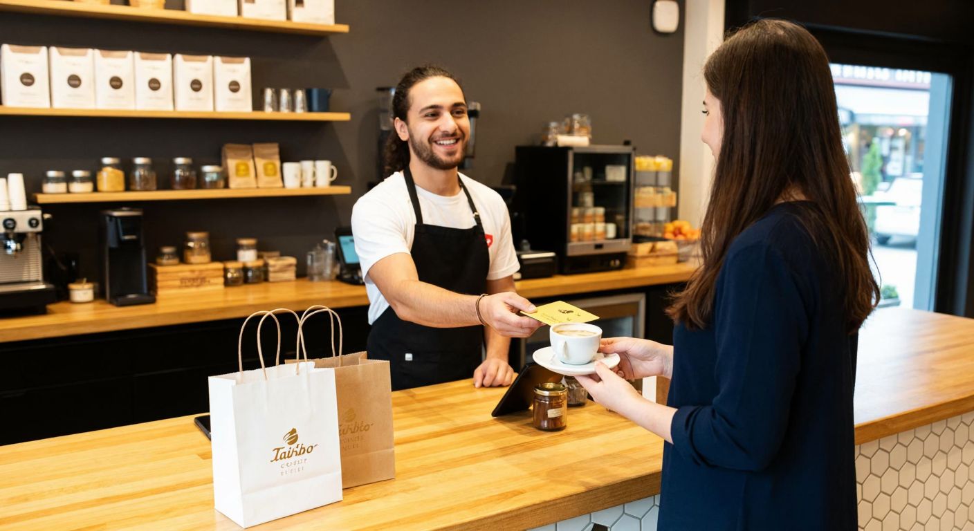 A smiling barista in a cozy Tchibo café in Turkey hands a customer a Coffee Card while a warm cup of coffee and shopping bags sit on the counter.