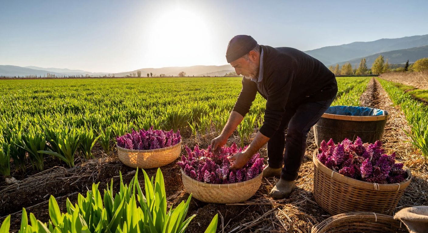 A Turkish farmer in a sunlit field carefully harvesting fragrant salep orchids, with baskets filled with their earthy tubers nearby.