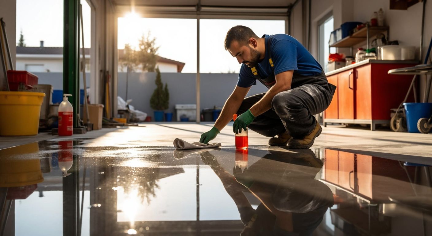A Turkish worker in overalls carefully applies glossy epoxy paint to a clean, sunlit garage floor while using a soft cloth and protective spray nearby.