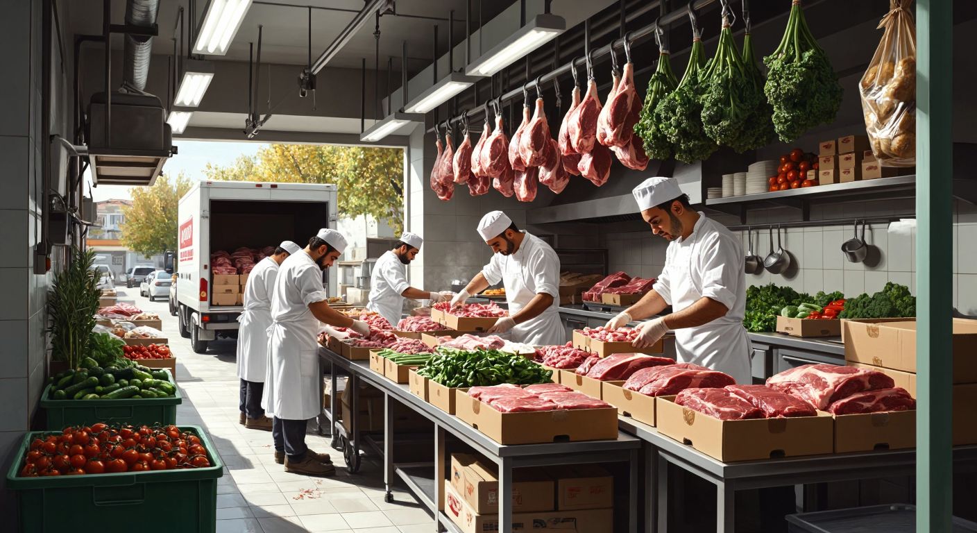 A bustling Turkish industrial kitchen with workers in white uniforms packing frozen meat, vegetables, and bakery products into boxes, while a delivery truck waits outside.