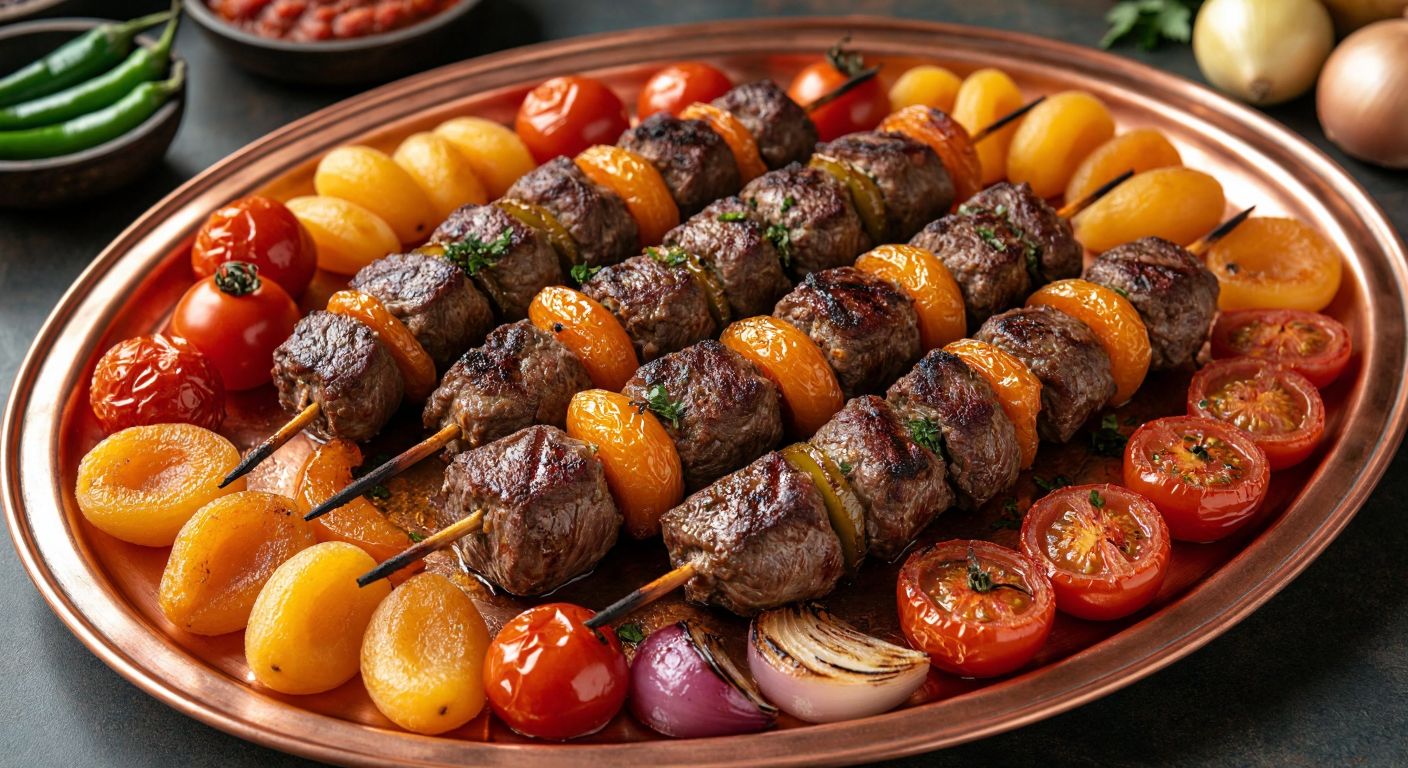 A steaming copper tray of **kayısı kebabı**, glistening with tender lamb pieces and golden dried apricots, surrounded by roasted tomatoes, peppers, and onions, evoking the rich flavors of Malatya.