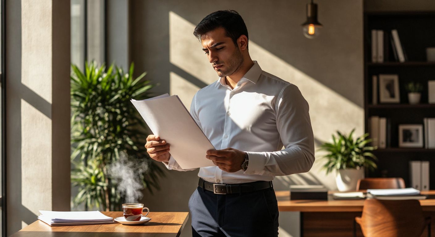 A Turkish businessperson in a crisp white shirt and dark trousers thoughtfully holds a single-page document in one hand and a multi-page proposal in the other, standing in a sunlit office with a steaming cup of Turkish coffee on a wooden desk nearby.