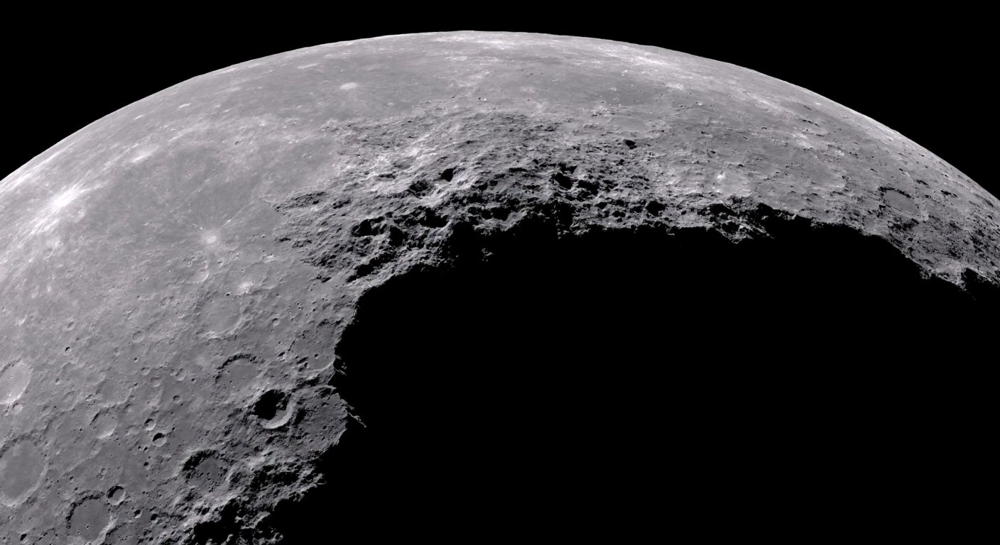 A cross-section of the moon's surface showing a layer of loose, dusty regolith covering a fractured bedrock of megaregolith beneath.