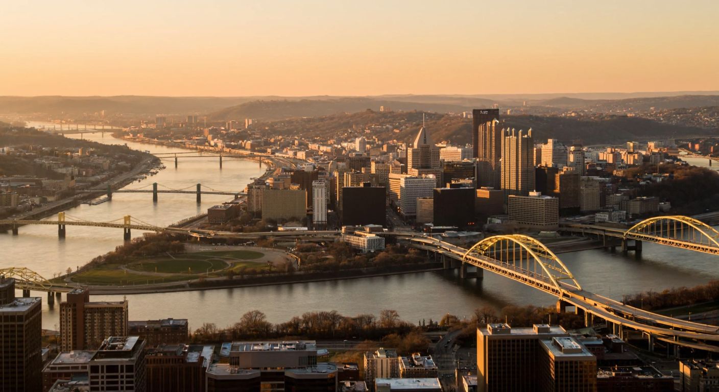 A sprawling cityscape of Pittsburgh with countless bridges arching over its rivers, bathed in golden sunset light, reflecting the vast number of bridges mentioned.