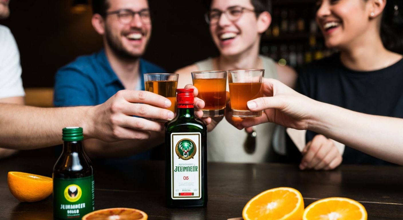 A group of friends laughing in a dimly lit bar, clinking small shot glasses filled with amber-colored Jägermeister, surrounded by citrus slices and a bottle with the iconic stag emblem.