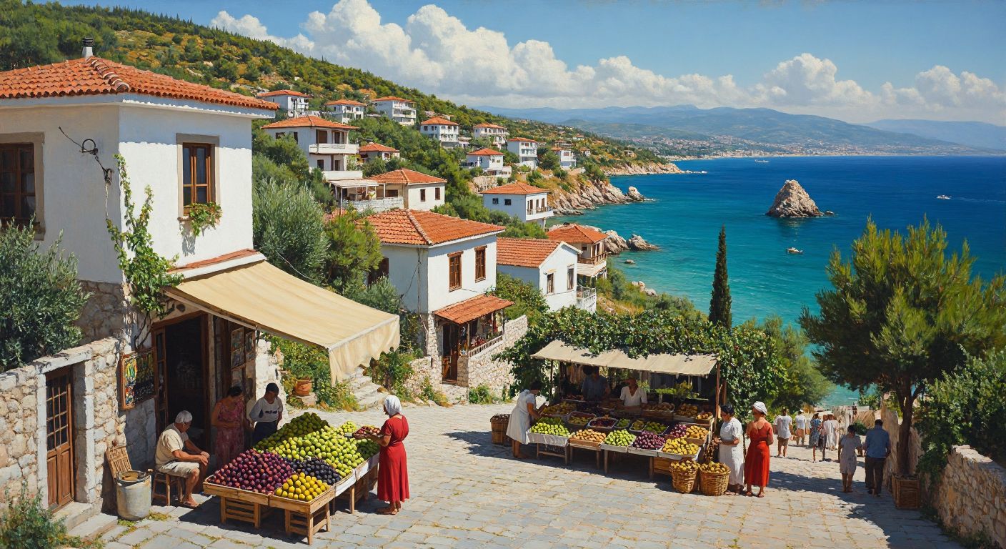 A sunlit coastal neighborhood in Kuşadası with modest whitewashed summer houses nestled on a hillside, some farther from the turquoise sea, while a few locals chat near a small market stall selling fresh figs and olives.