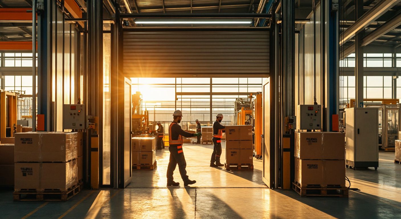 A sleek industrial sliding door in a Turkish factory, with workers moving large crates through it, set against a backdrop of modern machinery and warm sunlight streaming through the opening.