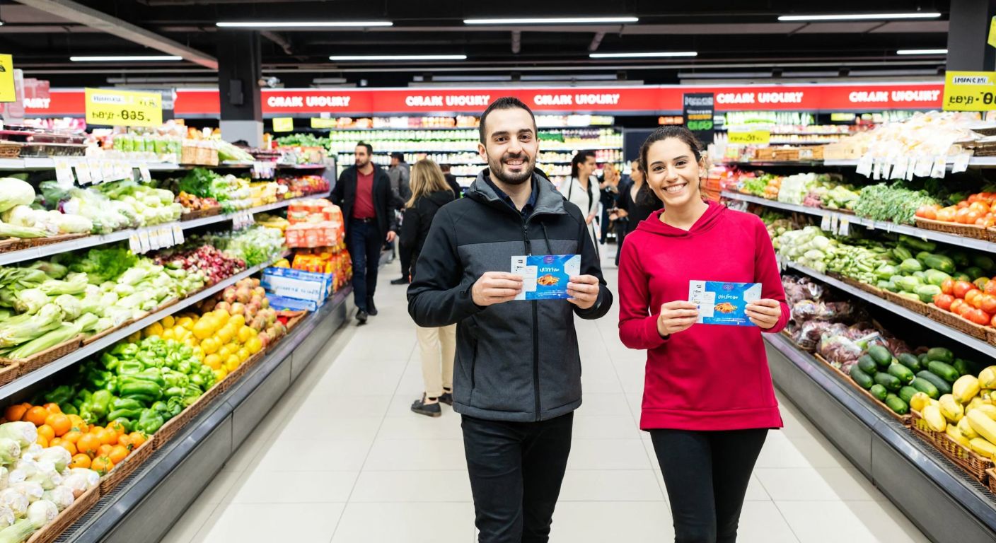 A bustling Carrefour supermarket in Turkey with shoppers holding colorful gift vouchers, smiling as they browse aisles filled with fresh produce and local goods.