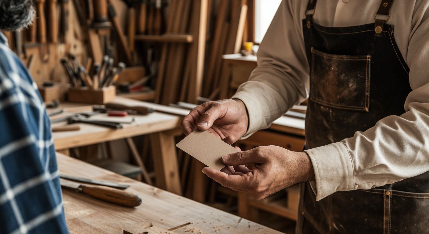 A well-dressed Turkish carpenter in a woodshop hands a sleek, minimalist business card to a client, with a wooden chair and tools subtly engraved in the background.