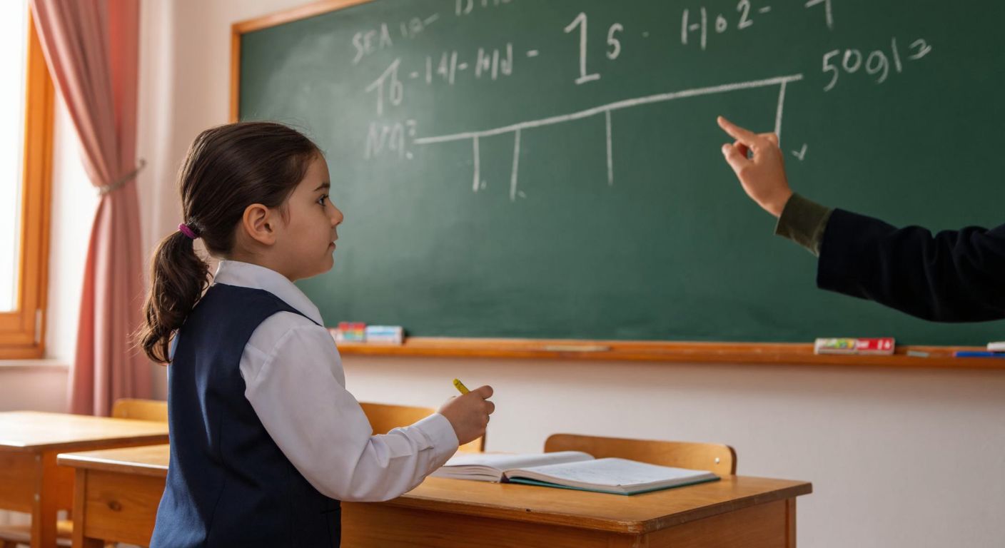 A young student in a Turkish classroom, wearing a school uniform, thoughtfully writes numbers on a chalkboard while a teacher points to a diagram of prime factors.