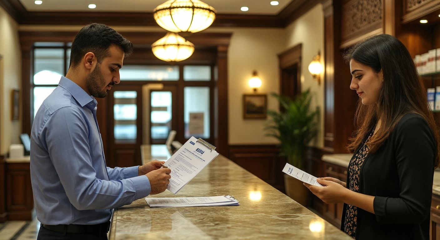 A Turkish bank employee in a formal blue shirt reviews documents at a marble counter, while a customer in casual attire waits patiently with a receipt in hand, framed by the warm glow of a traditional Turkish bank interior.