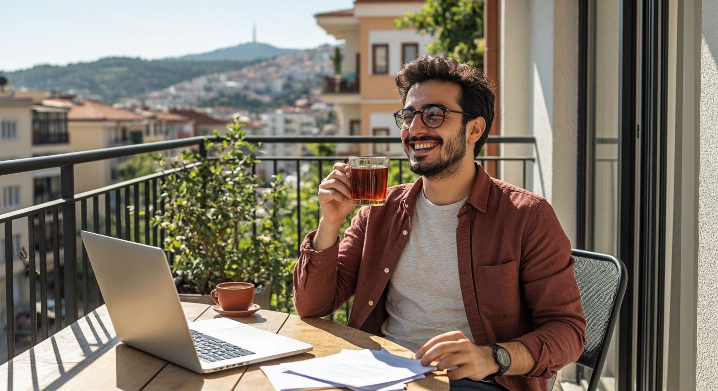 A relaxed Turkish office worker in casual clothes smiles while sipping çay on a sunny balcony, with a closed laptop and scattered papers nearby, embodying weekend freedom.