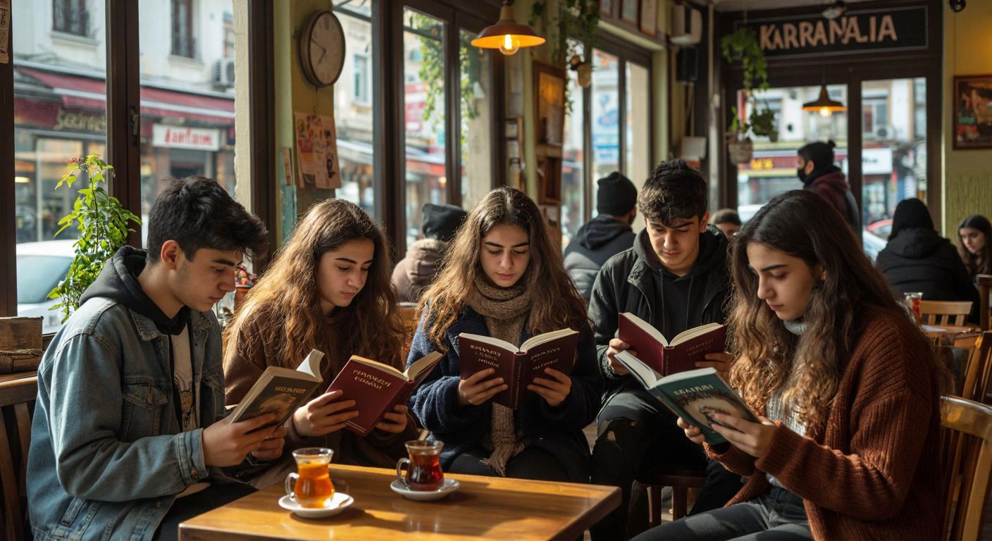 A group of Turkish teenagers sitting in a cozy café, engrossed in reading books, with one holding a copy of *Karantina* while sipping çay from a tulip-shaped glass.