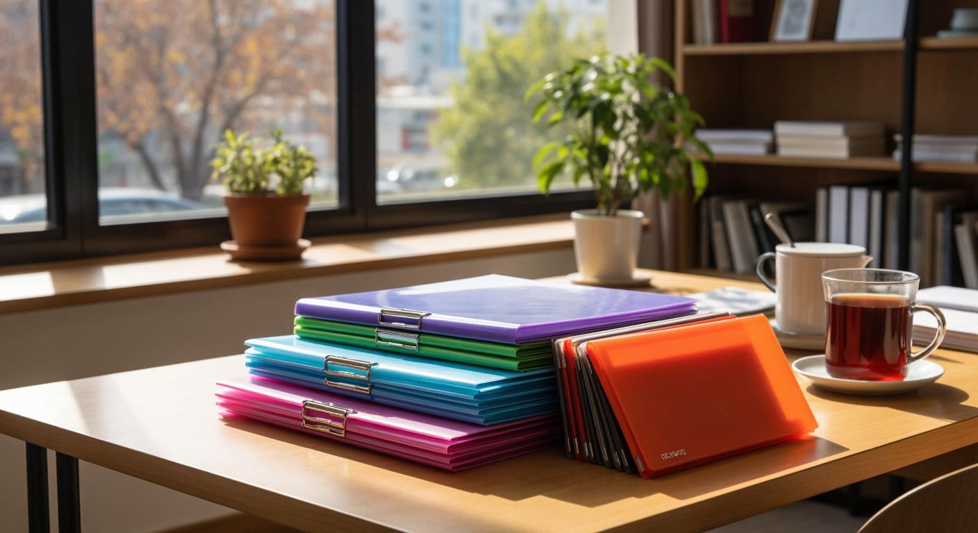 A neatly organized wooden desk in a Turkish office, with stacks of colorful plastic folder files, transparent pouch files, and sturdy binder folders arranged beside a pot of steaming çay.