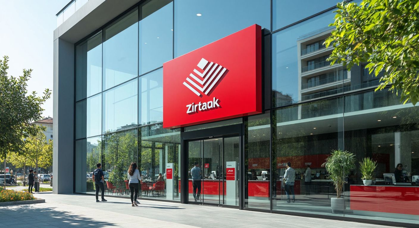 A sleek, modern bank logo with clean lines and a fresh design, displayed prominently on the glass facade of a Ziraat Bankası branch in Turkey, with customers entering the building under a sunny sky.