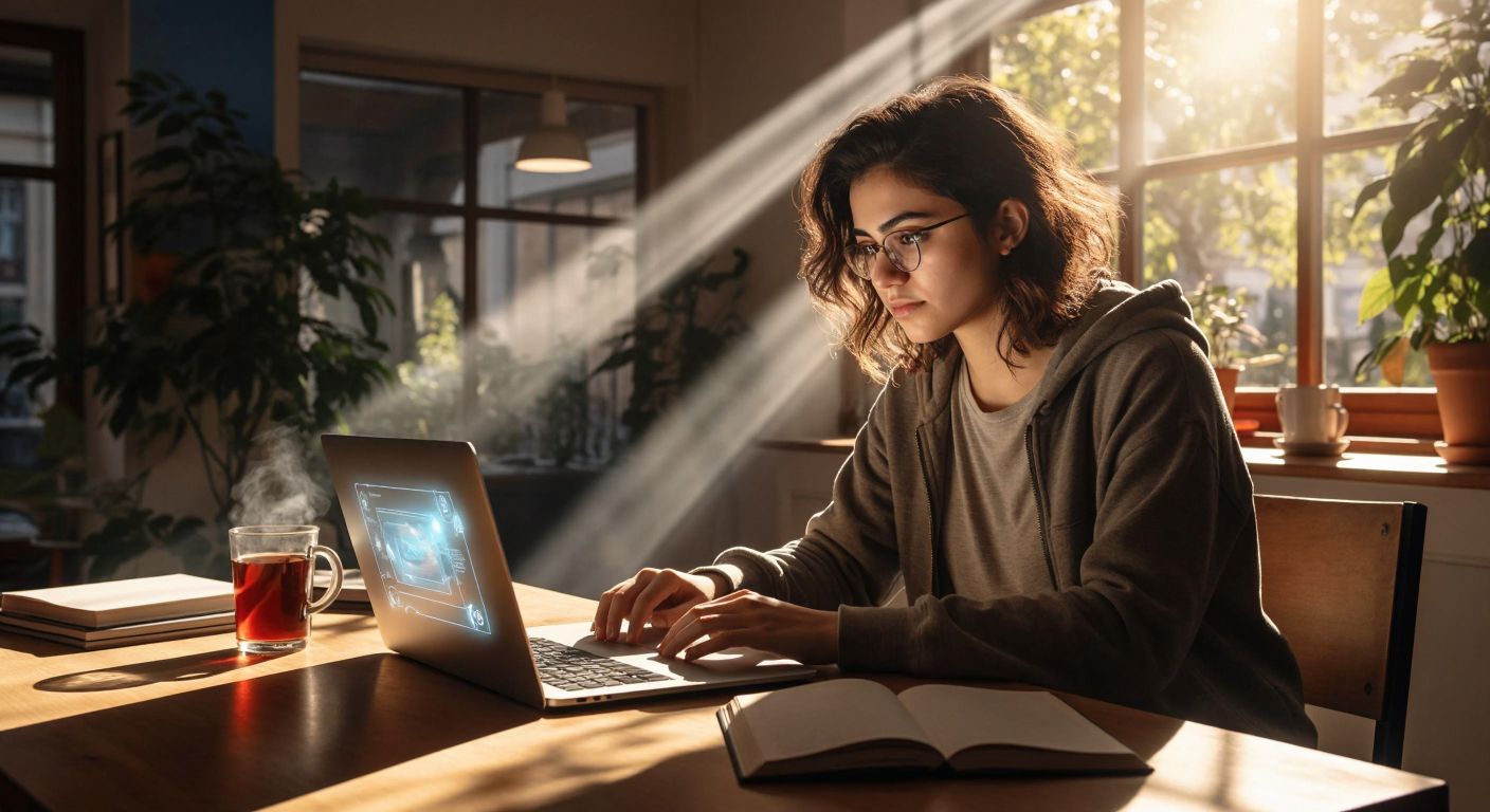 A young Turkish university student with focused eyes sits at a wooden desk in a sunlit room, their hands hovering over a laptop keyboard while a virtual meeting interface glows on the screen, framed by a steaming cup of çay and scattered notebooks.
