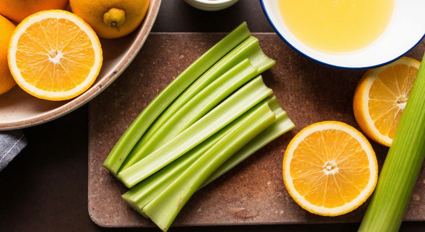 A rustic Turkish kitchen counter with freshly chopped celery turning brown next to sliced oranges, while a small bowl of lemon juice sits nearby to prevent oxidation.