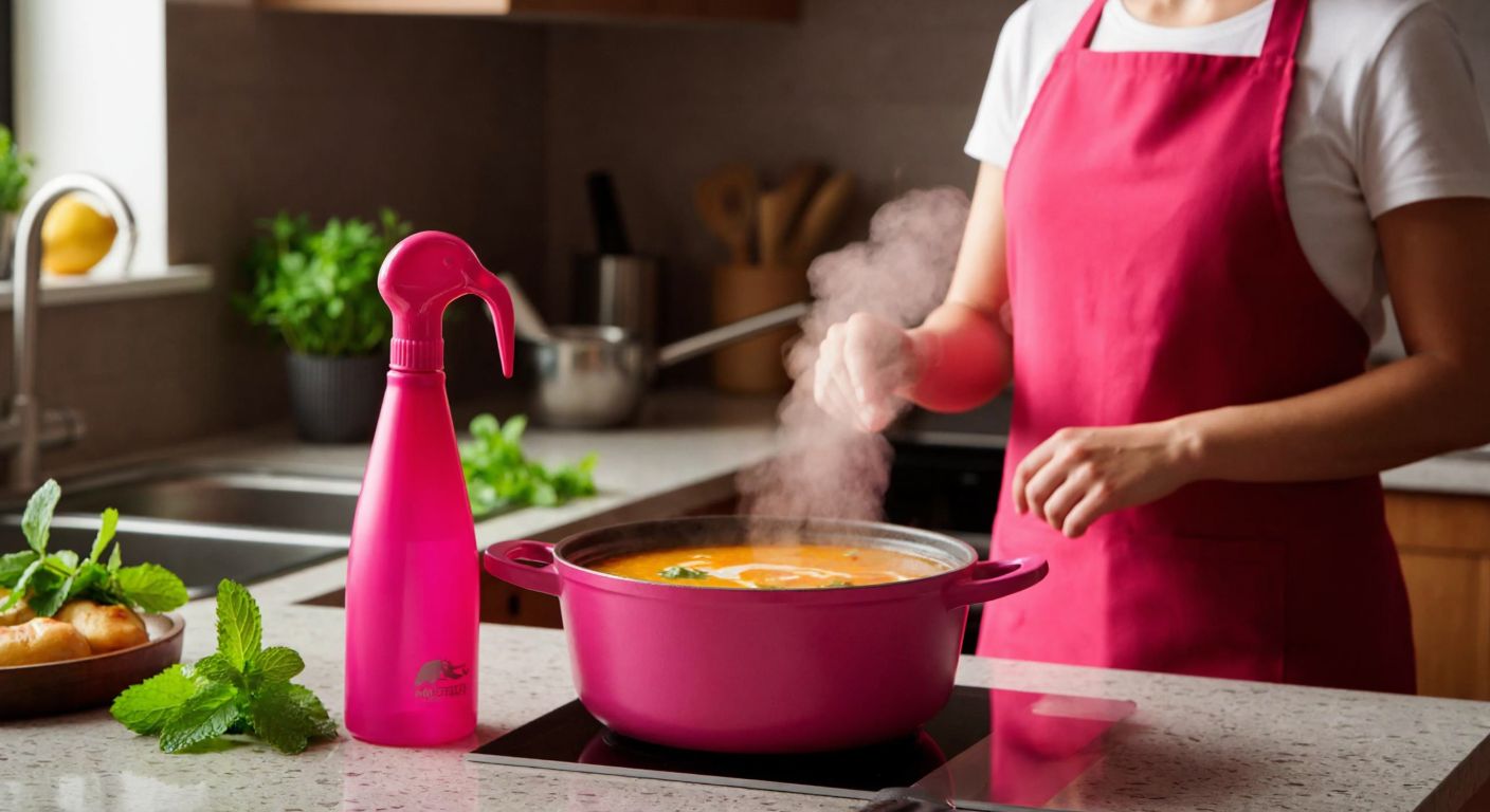 A bright pink Flamingo air spray bottle sits on a Turkish kitchen counter next to a simmering pot of çorba, with fresh mint leaves and a smiling woman in an apron inhaling the refreshed citrusy scent.