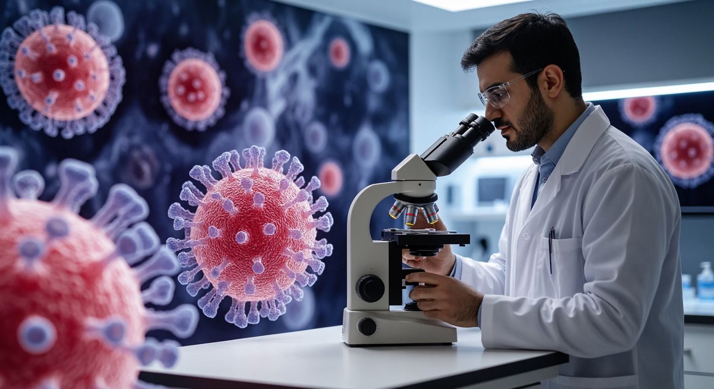 A microscopic view of healthy human cells surrounding a single cell undergoing apoptosis, with a Turkish doctor in a white lab coat observing through a microscope in a modern clinic.