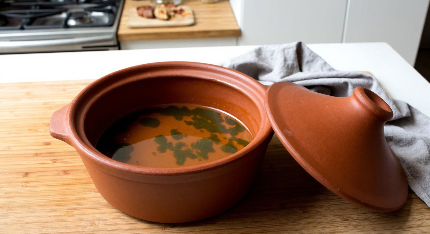 A traditional Turkish clay güveç pot with greenish mold spots inside, placed on a wooden kitchen counter next to a damp cloth and leftover food scraps.