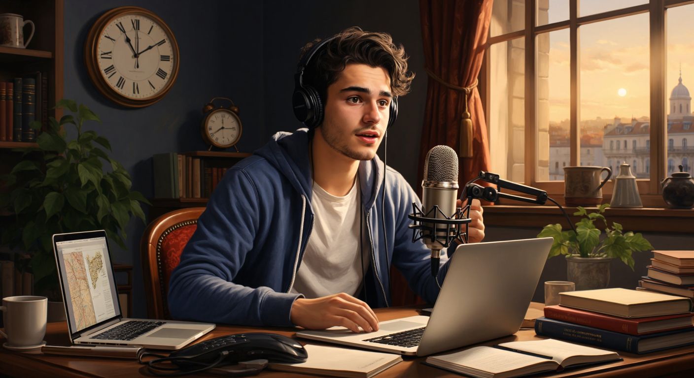 A young Turkish student in a cozy study room, surrounded by French books and a laptop, looking determined while practicing speaking into a microphone with a clock ticking in the background.